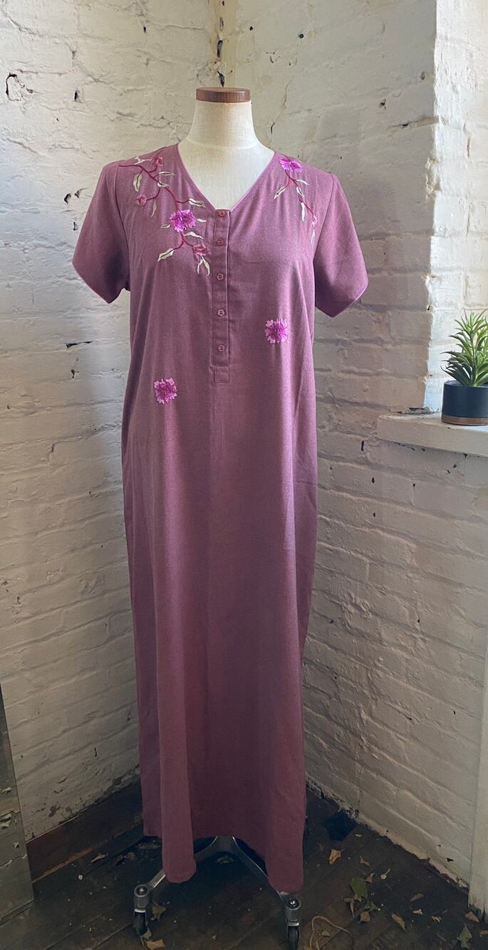 Suman Nathwani Pink Embroidered Nightgown Floral Loungewear Kaftan Mumu Dress L
